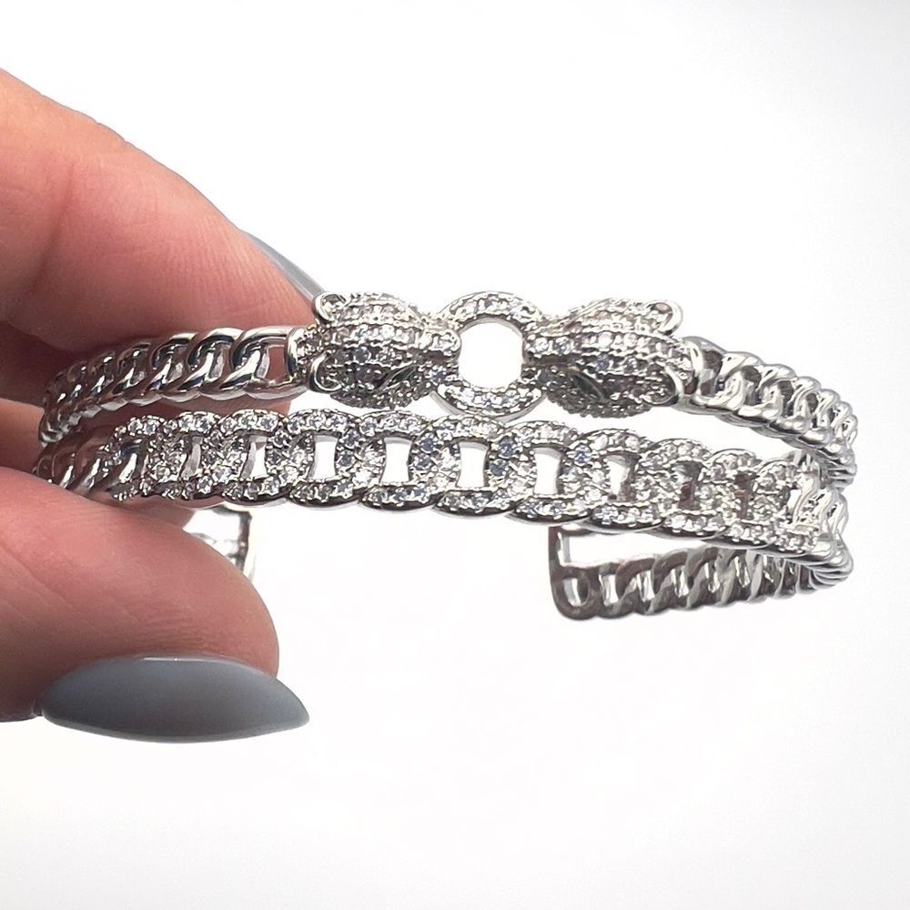 14k white gold filled double-bangle panther bracelet Cuban link - Picture 2 of 5